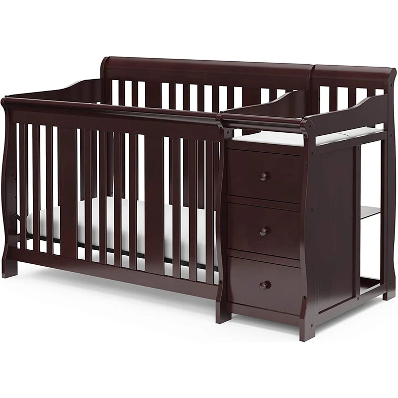 American Style 4 in 1 Pine Wood Solid Wood Baby Crib with Drawer & Changing Table