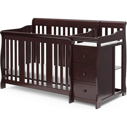 American Style 4 in 1 Pine Wood Solid Wood Baby Crib with Drawer & Changing Table